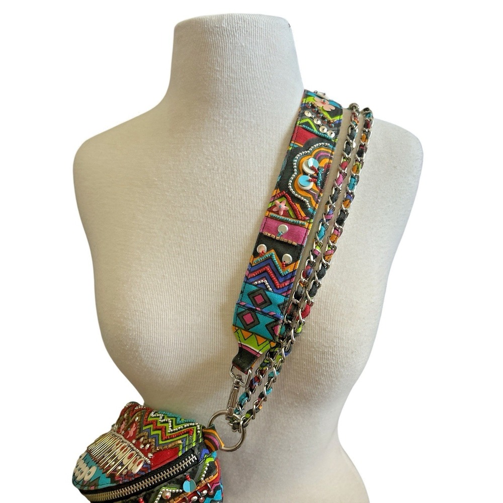 Steve Madden Cancun Belt Bag Colorful Beads Crossbody Fanny Pack Textile W/Puffs - Picture 4 of 16